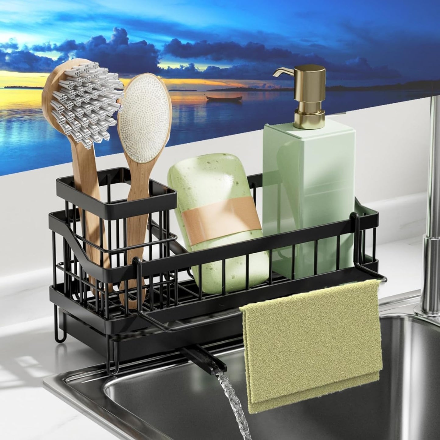 Sink Caddy kitchen Organzier with High Brush Holder, Wall-Mounted Sponge Holder for Sink
