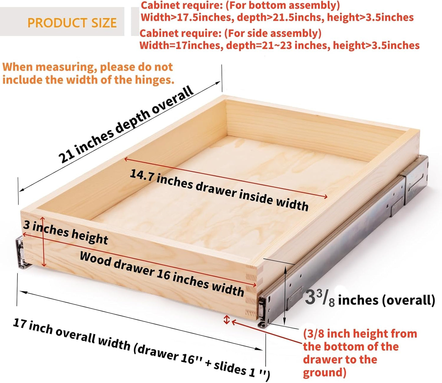 16”W x 21”D x 3‘’H Soft Close Slide Out Wood Drawer Organizer for Kitchen, Finished