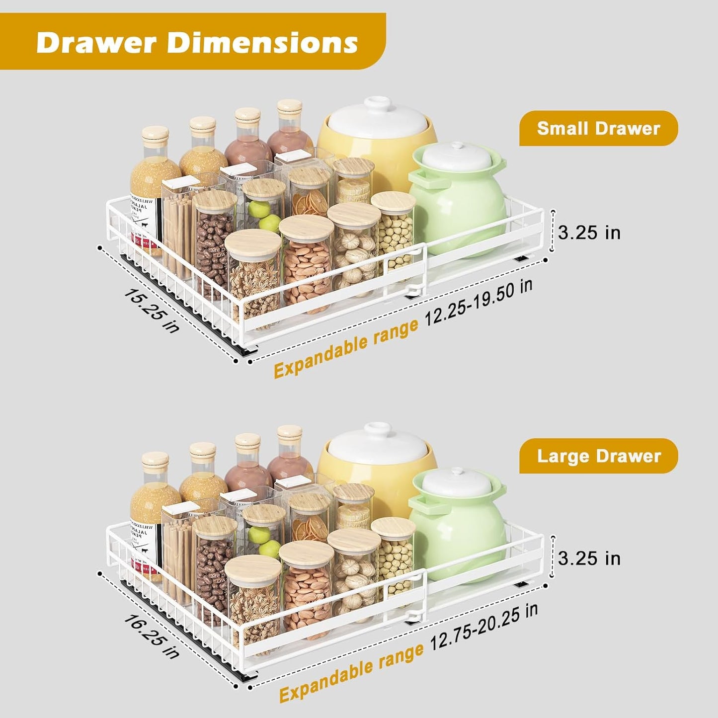 2 Pack Pull Out Cabinet Organizer, Expandable(12"-20") Slide Out Drawers 3 Slide Rails Fix with Adhesive or Screw, Roll Out Shelves for Kitchen Cabinet Organization, White