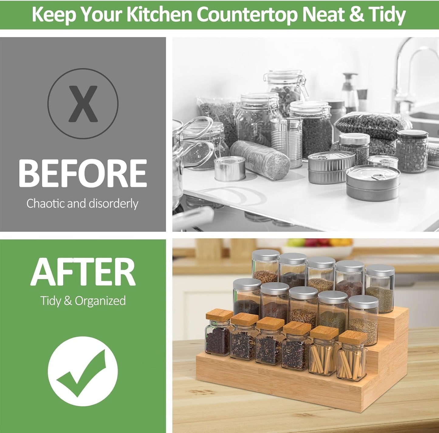 2 Pack Bamboo Spice Rack Organizer for Kitchen Counter