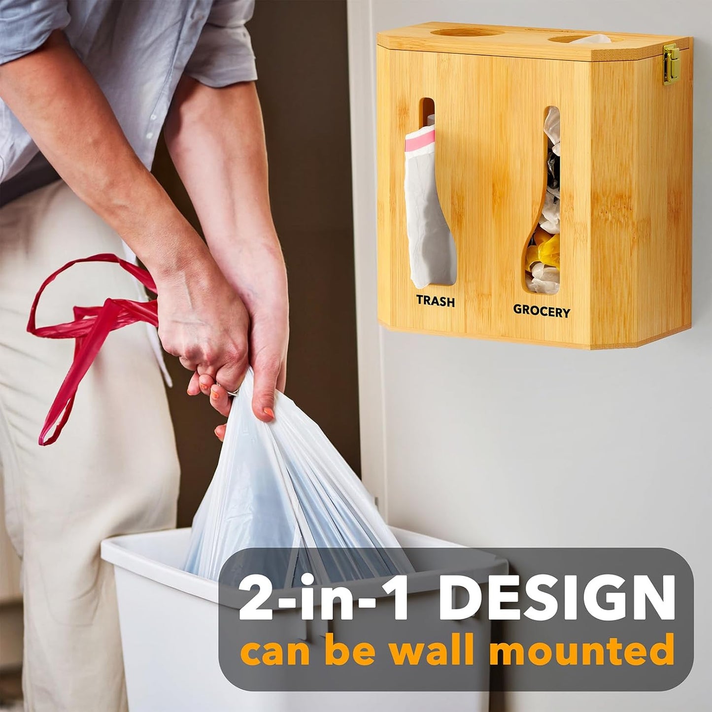 Bamboo 2 in 1 Garbage Bag Roll Holder & Dispenser, Under Sink Organizer for Kitchen Storage
