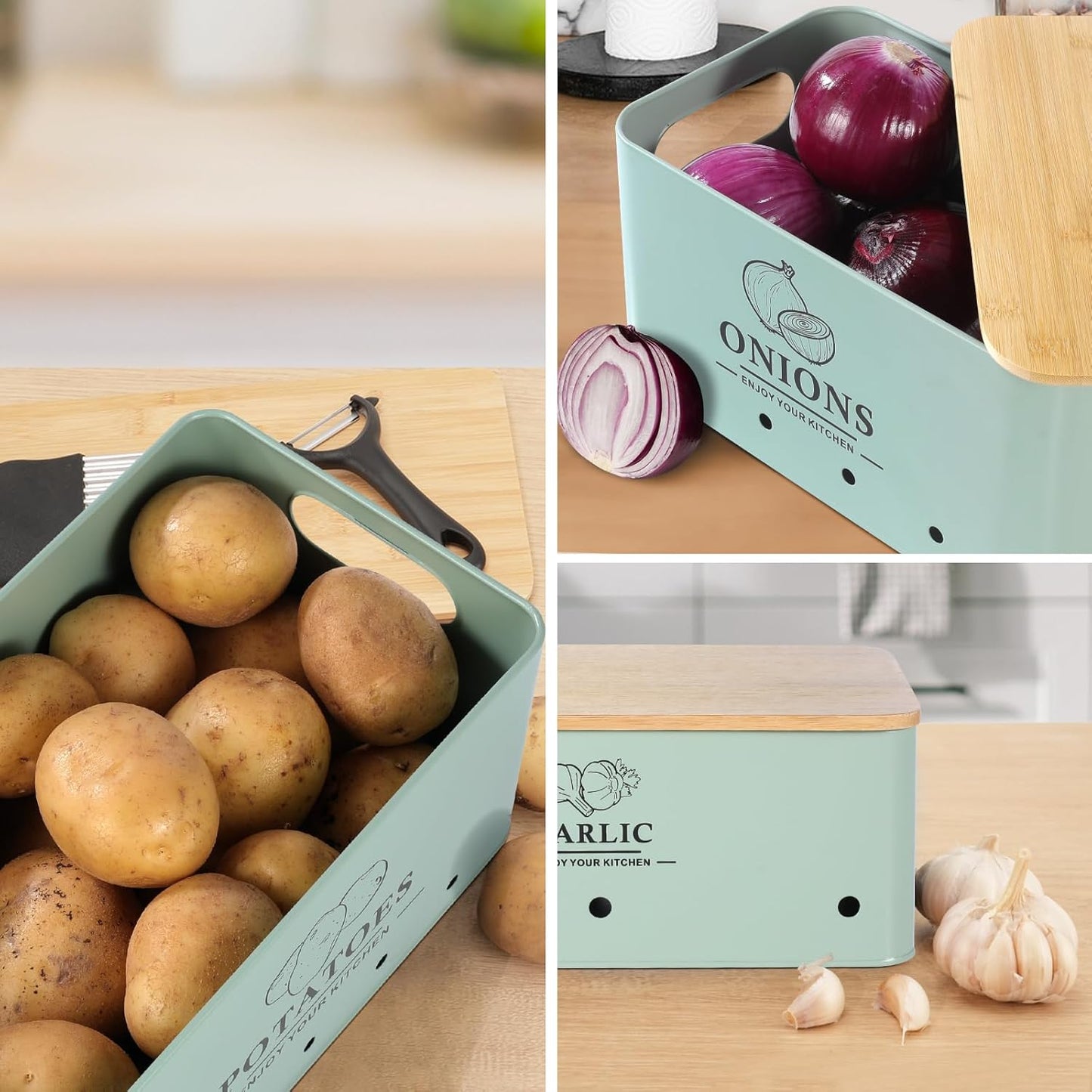 Kitchen Vegetable Storage Set of 3, Metal Onion Garlic Potato Storage Set