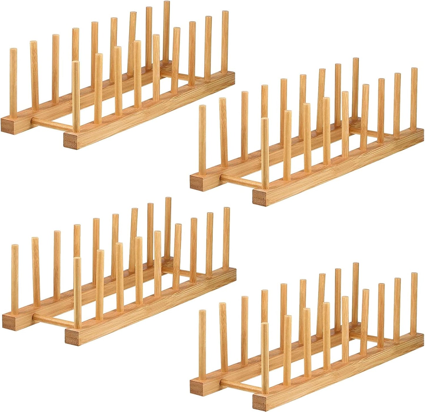 4 Pack Bamboo Dish Drying Rack, Plate Rack Stand Pot Lid Holder, Dish Organizer Racks for Plates
