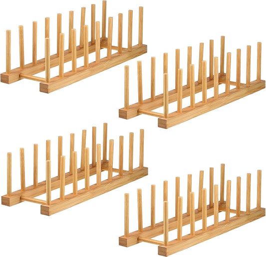 4 Pack Bamboo Dish Drying Rack, Plate Rack Stand Pot Lid Holder, Dish Organizer Racks for Plates