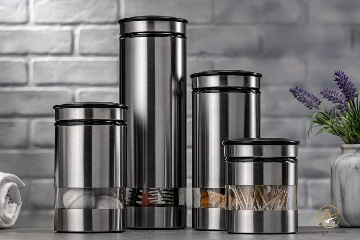 Airtight Glass Canister Set of 4 with Stainless Steel Sleeve for Kitchen Counter