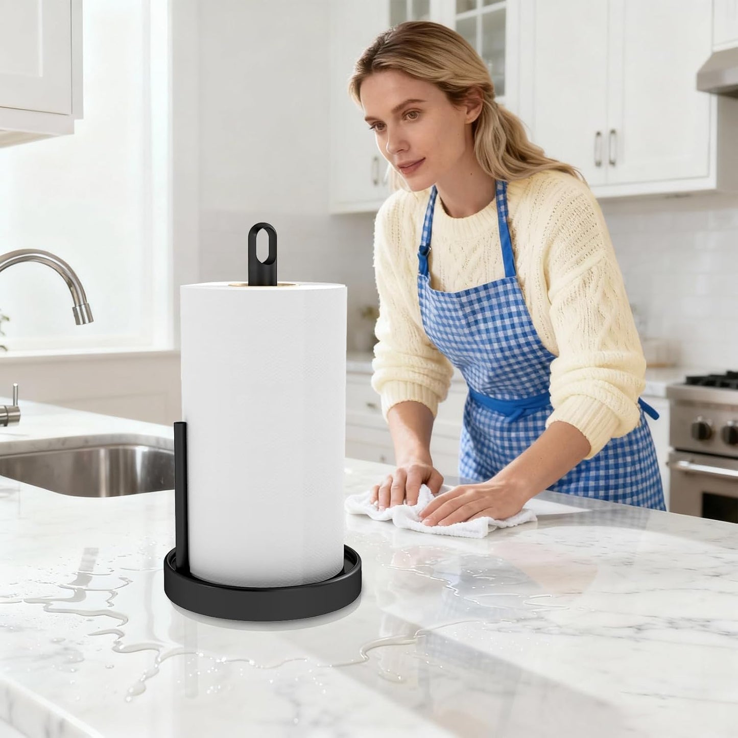 Paper Towel Holder Countertop, Black Paper Towel Holder with Anti Slip Weighted Base