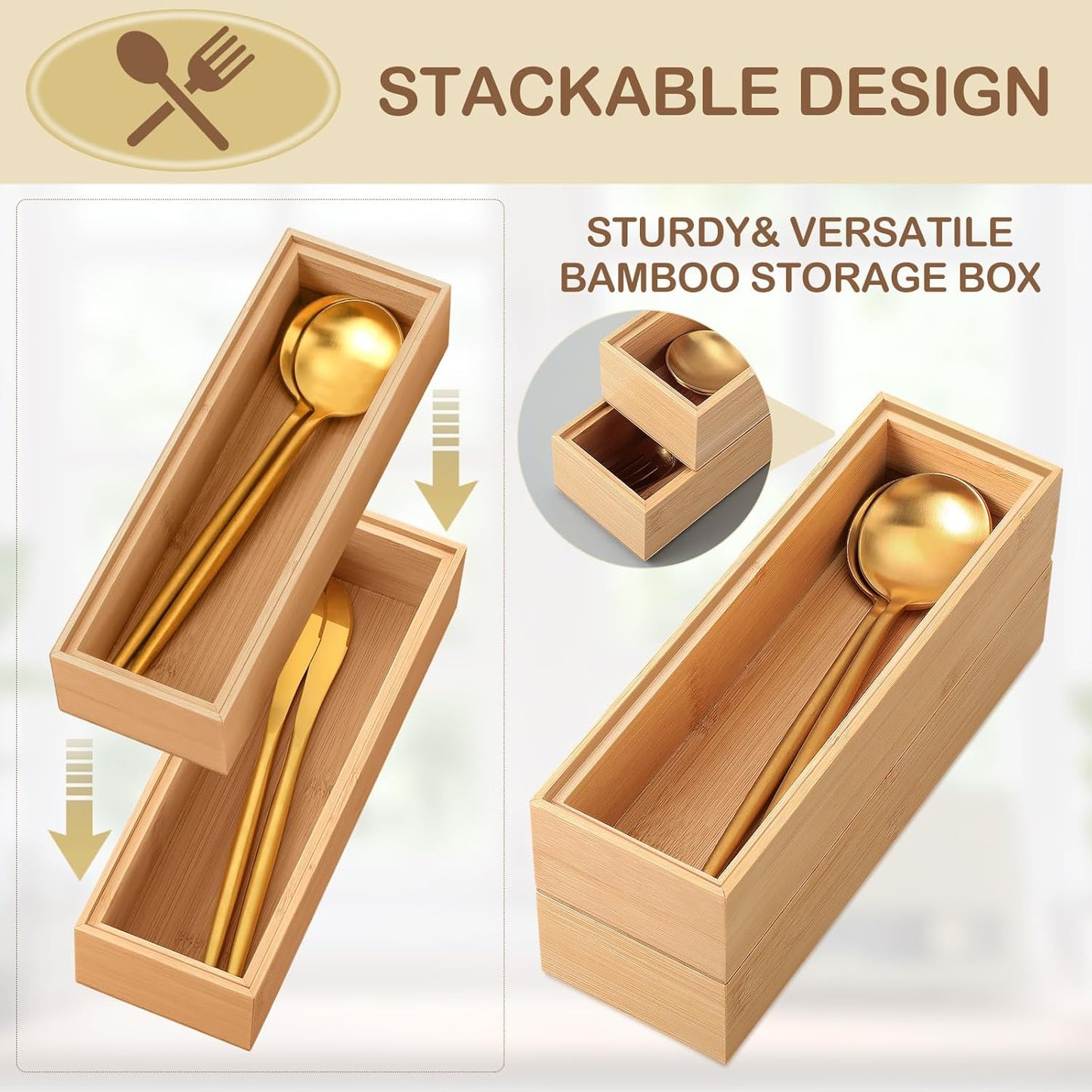 8 Pieces Bamboo Drawer Organizer Kitchen Utensils Wooden Utensil Stackable Wooden Storage Box Bamboo Silverware Tray for Drawer(9 x 3 x 2 Inch,Wood)