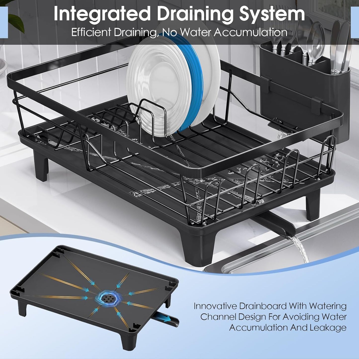 Compact Dish Drainer for Kitchen Counter - Expandable Large Capacity Drying Rack with Removable Cutlery Holder, Anti-Rust Plate Rack, Non-Slip Feet