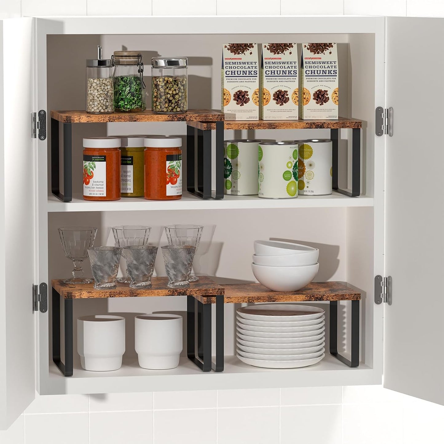 Set of 4 Counter Shelves Kitchen Stackable Cabinet Shelf Wood Organizer Expandable Counter Top Racks Brown Bathroom Counter organizer