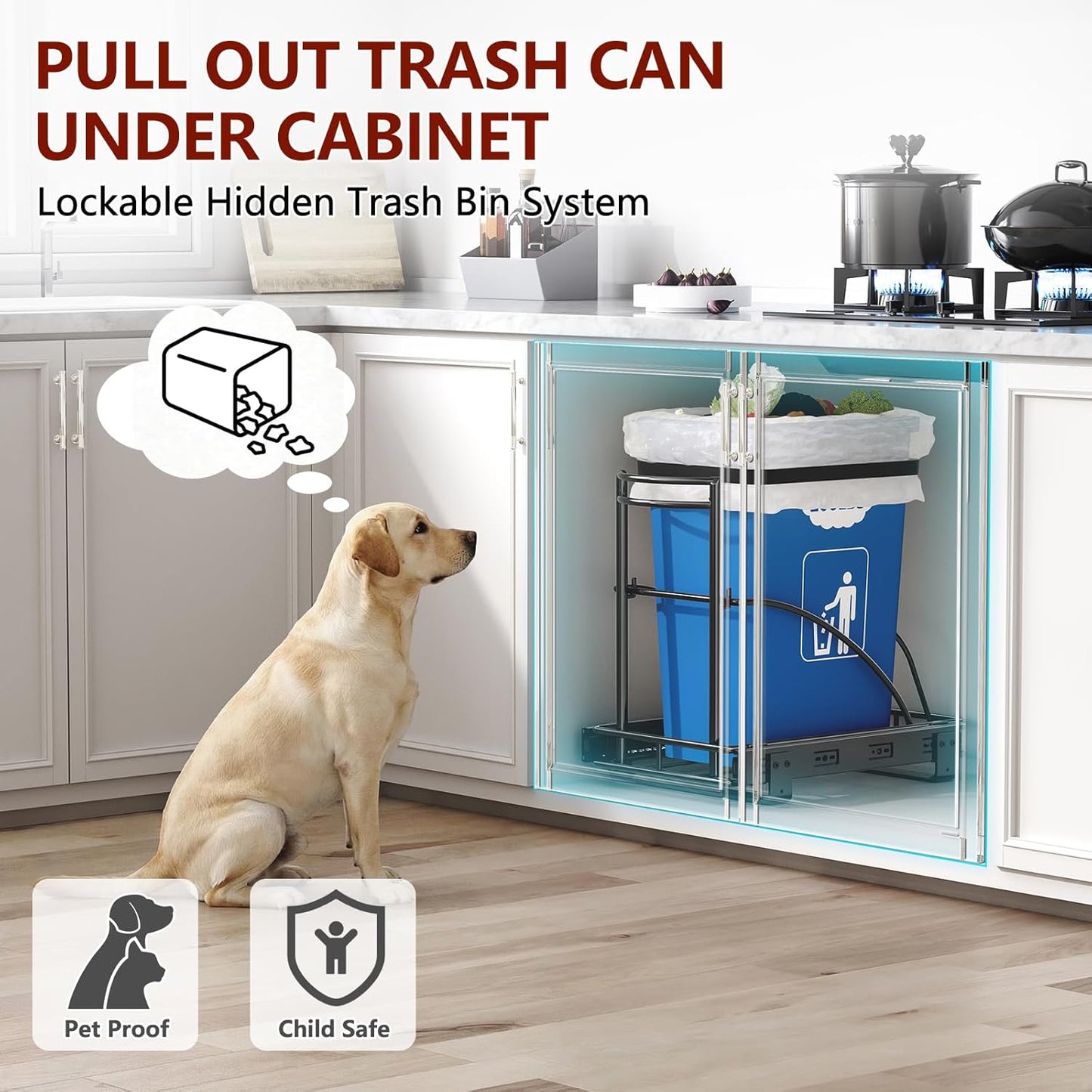 Under Sink Trash Can Pull Out Trash Hidden for 30-50 Qt 7-13 Gallon Garbage Can Under 13" Wx19 Dx17 H Cabinet, Black Pull Out Kit with Full Extension Slide for Kitchen and Bathroom, No Bin