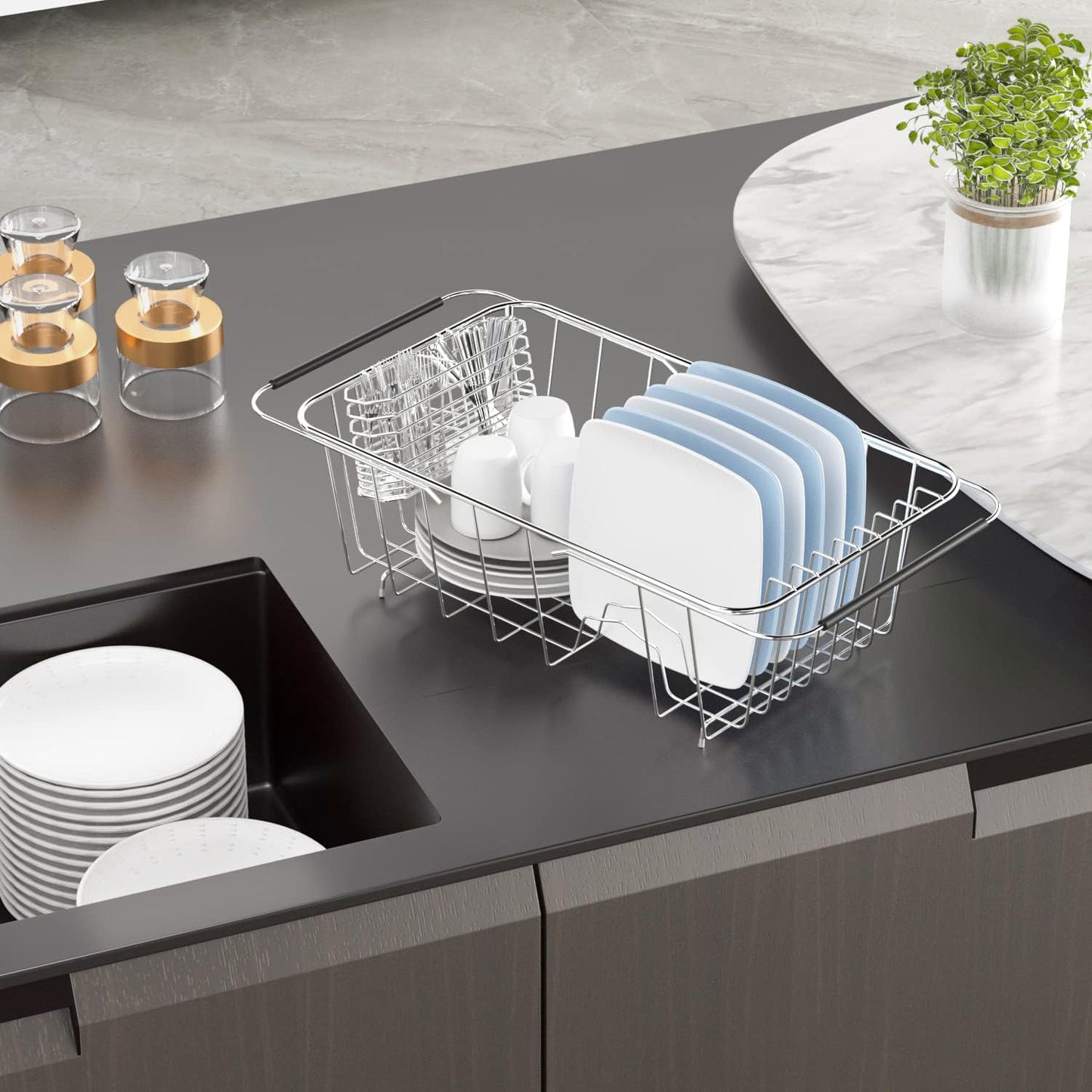 Over Sink Dish Drying Rack for Small Sink, Compact Expandable 14.25"–22.44"