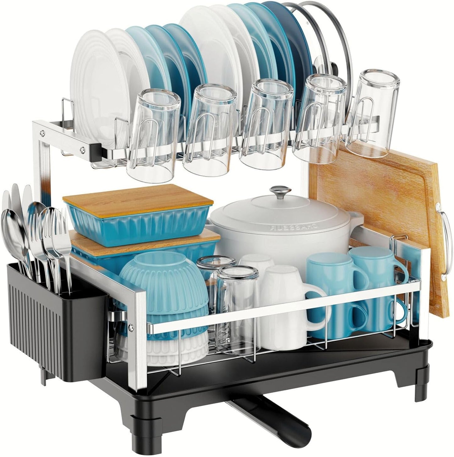 Stainless Steel Dish Drying Rack 2 Tier, Compact Dish Racks for Kitchen Counter with Cutting Board Holder, Auto-Drain Spout, Rust Proof Dish Drainer for Apartment, 21" L x 12.6" W, Silver