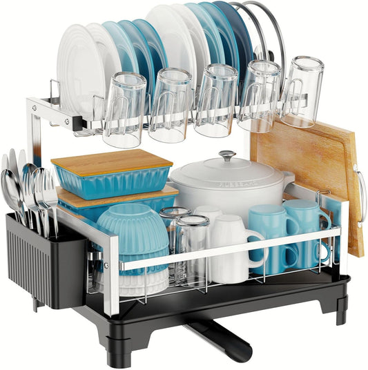 Stainless Steel Dish Drying Rack 2 Tier, Compact Dish Racks for Kitchen Counter with Cutting Board Holder, Auto-Drain Spout, Rust Proof Dish Drainer for Apartment, 21" L x 12.6" W, Silver