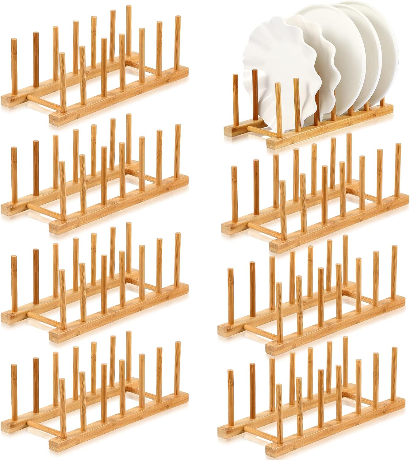8 Pcs Bamboo Wooden Plate Rack Dish Drying Rack Wood Pot Lid Holder Stand Kitchen Cabinet Organizer for Bowl Cup Cutting Board