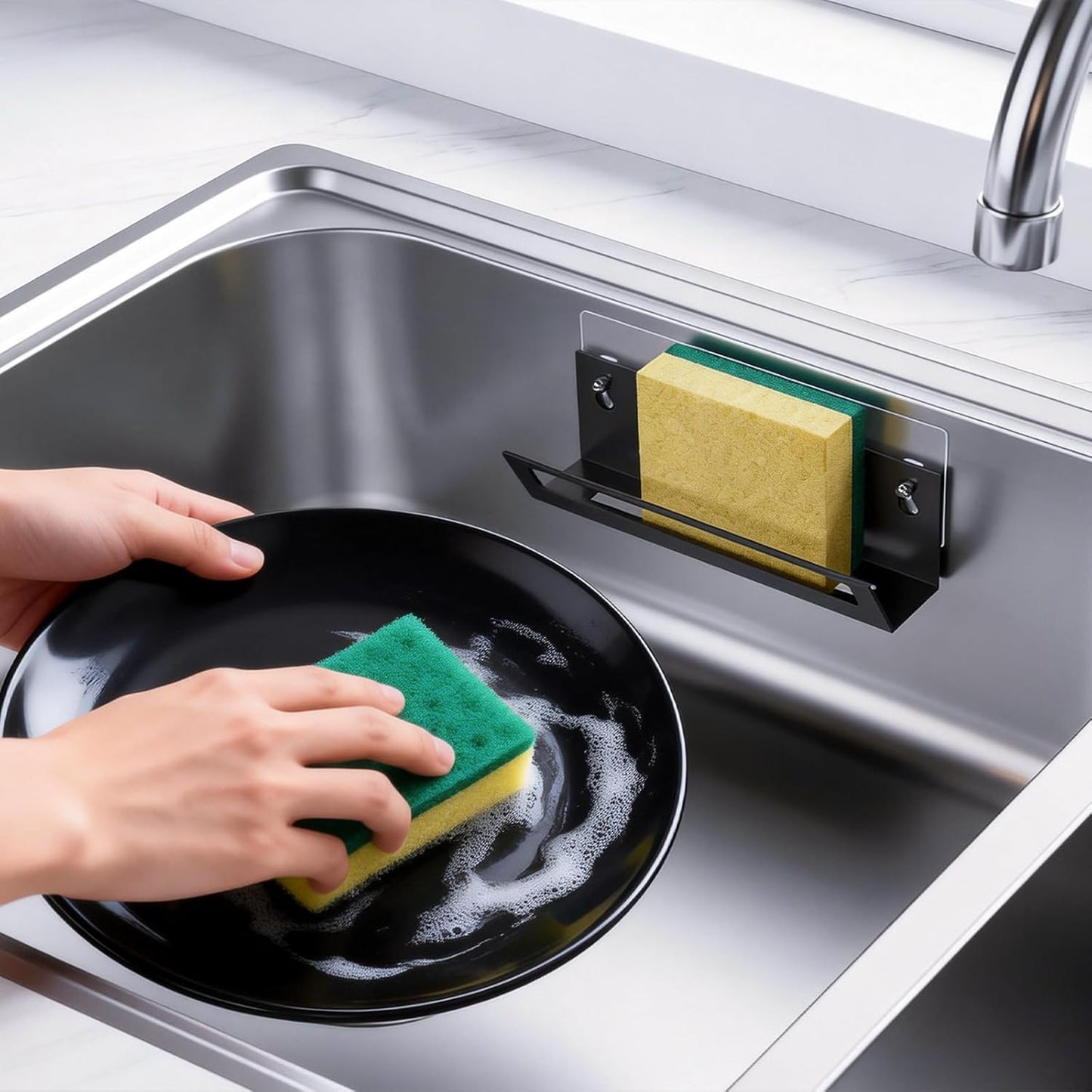 Sponge Holder for Kitchen Sink with Suction Cups & Adhesive Hook, Rustproof In-Sink Sponge Holder