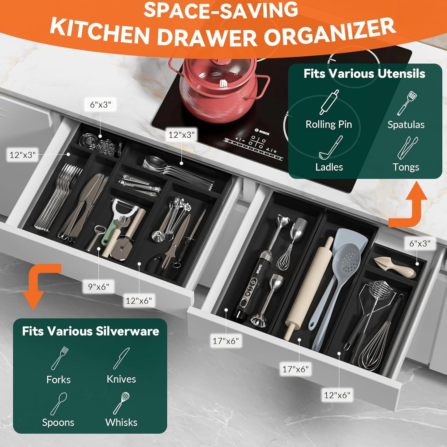 Premium Bamboo Kitchen Drawer Organizer - Set of 2, Stackable Utensils Holder