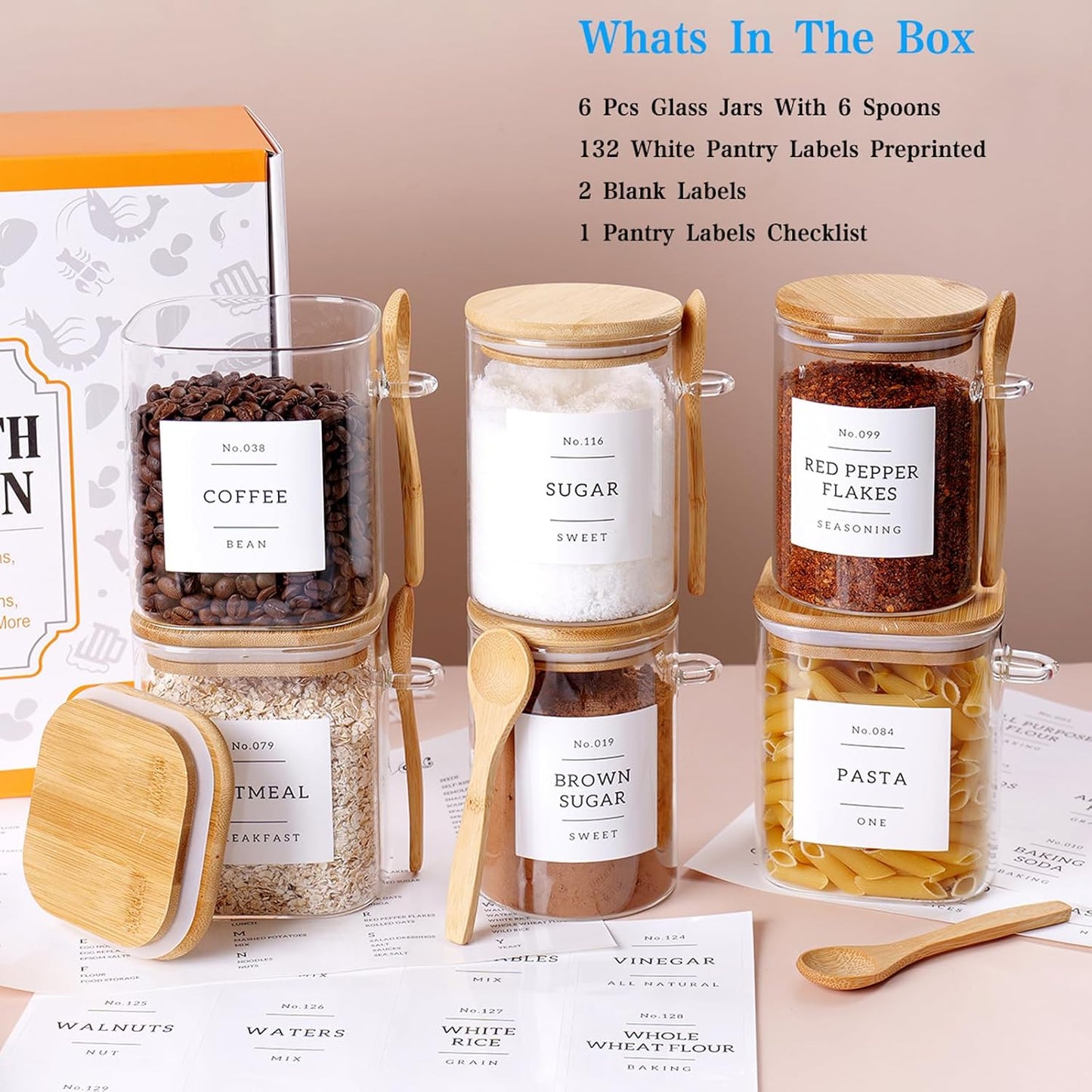 6 Pack Glass Jars with Bamboo Lid and Spoons
