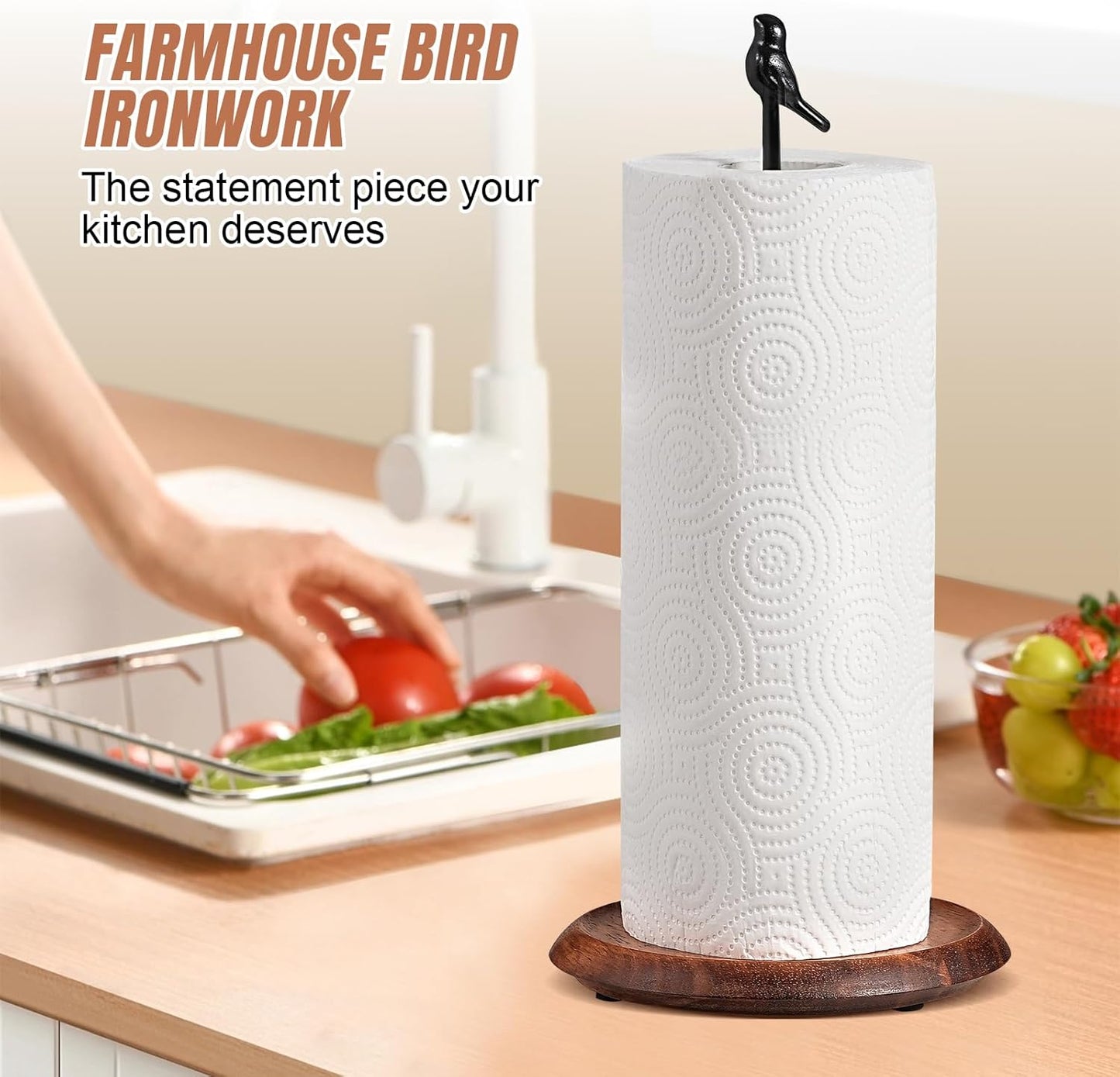 Wooden Paper Towel Holder countertop, Stylish Bird Shaped,Solid Wood Base&Iron Top