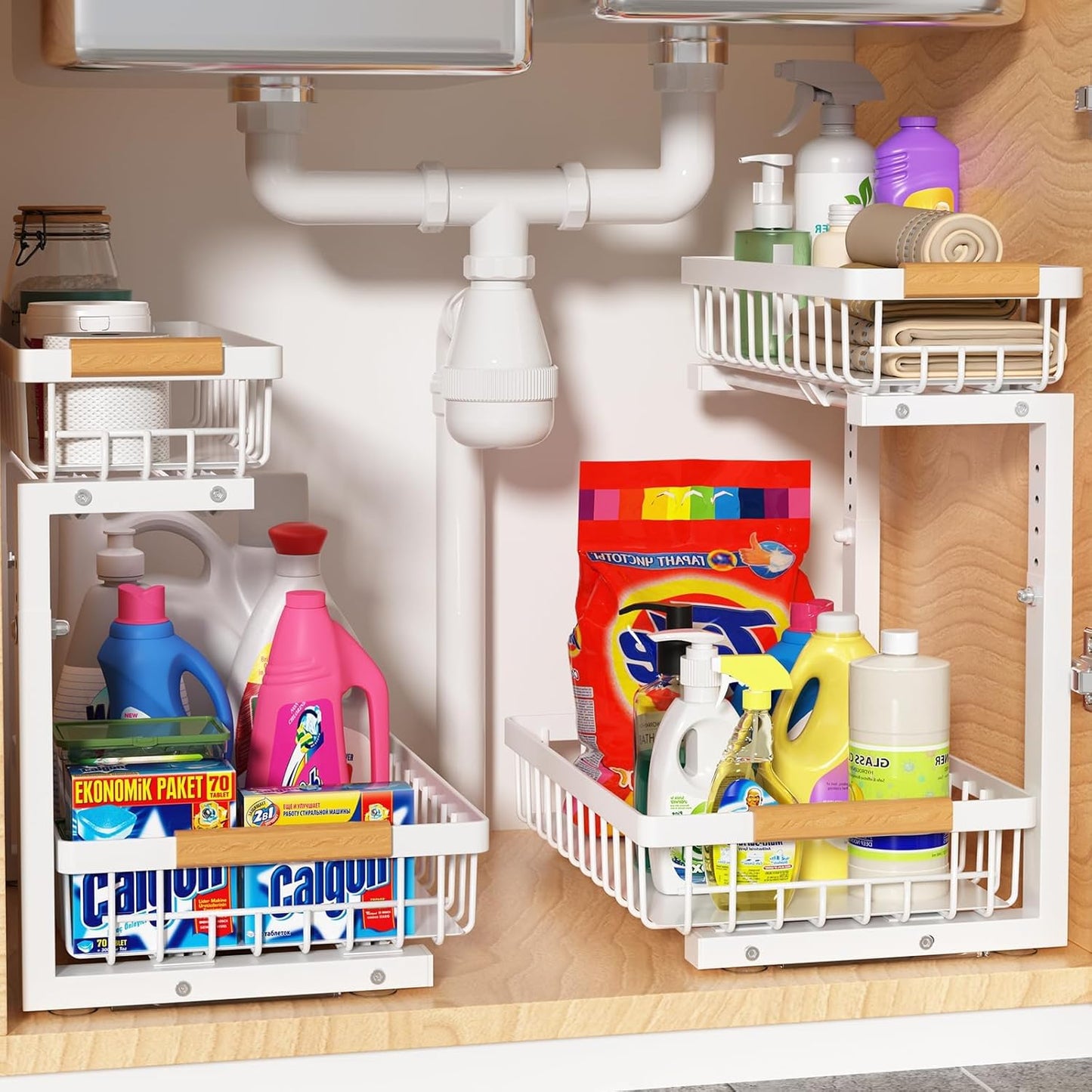 Under Sink Organizer 2 Pack, 2 Tier Slide Out Large Capacity Height Adjustable Under Sink Organizers and Storage for Kitchen Bathroom Cabinet, White