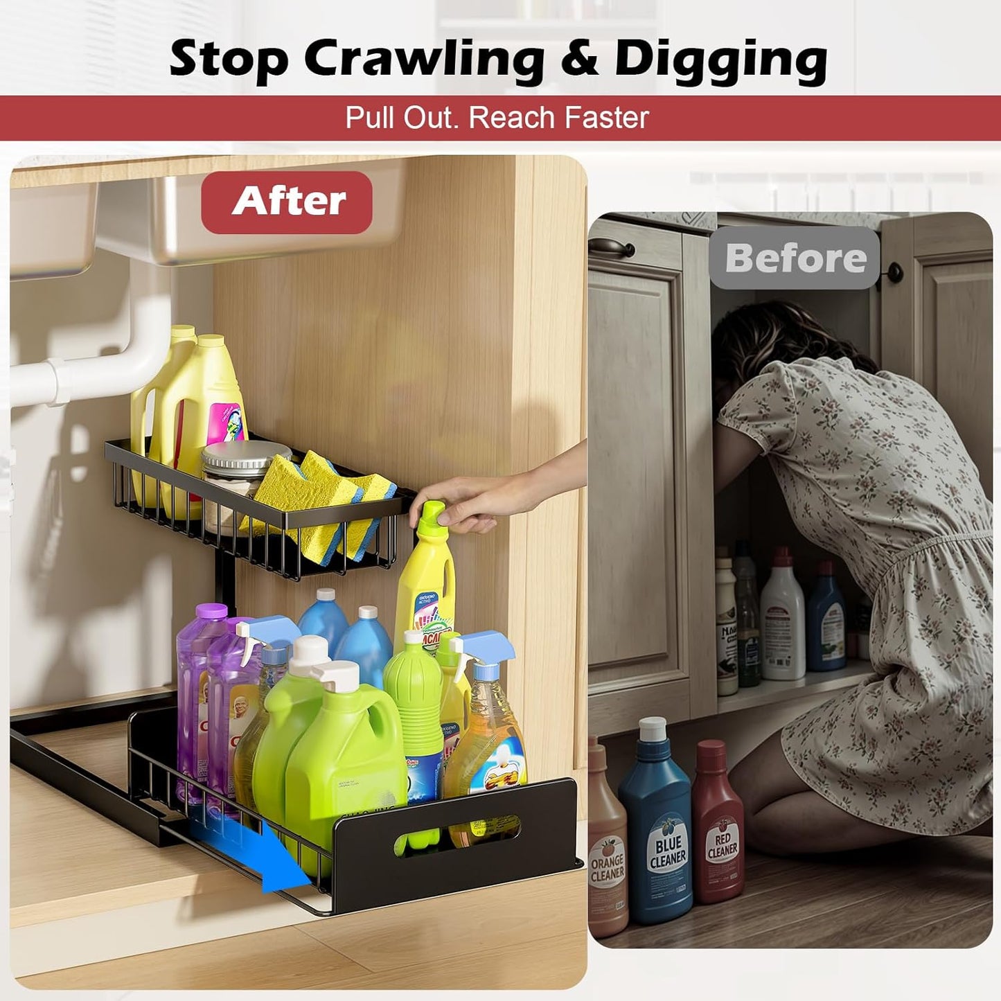 Under Sink Organizer, L-Shaped 2 Tier Pull Out Cabinet Organizer for Kitchen and Bathroom