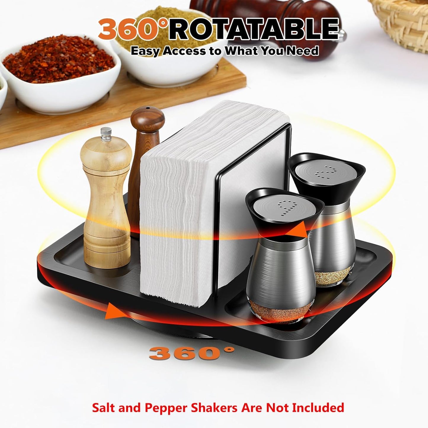 Rotating Napkin Holder for Table, Bamboo Standing Napkin Dispenser with Salt Pepper Shakers Caddy