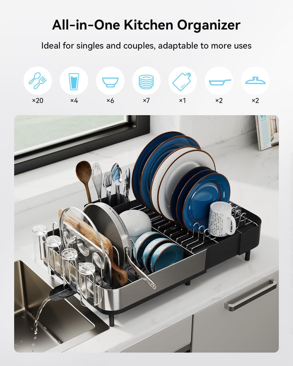 Expandable Dish Drying Rack, Versatile Brackets for Pots & Pans, Space Saving Kitchen Drying Rack
