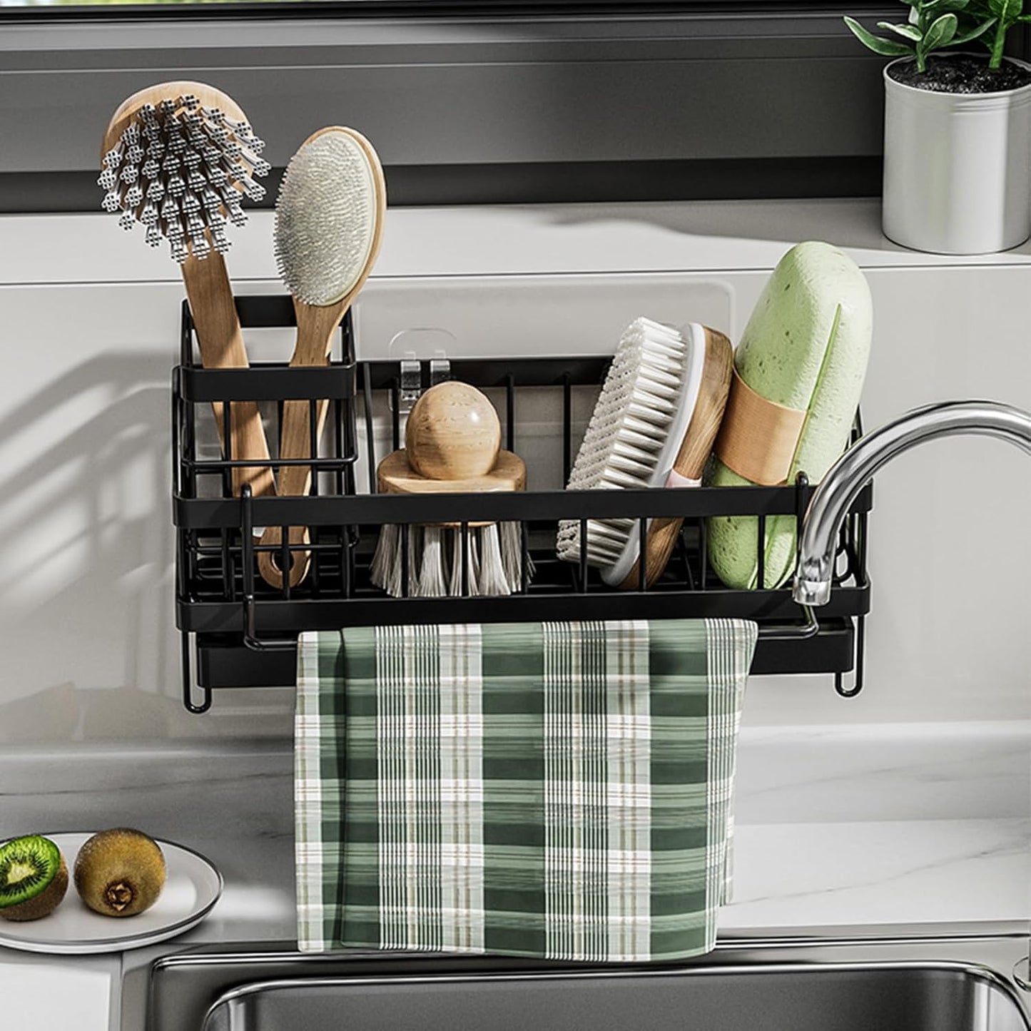 Sink Caddy kitchen Organzier with High Brush Holder, Wall-Mounted Sponge Holder for Sink