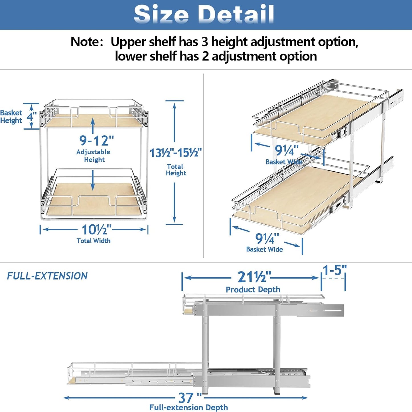 2 Tier Individual Pull Out Cabinet Organizer 10½"W x 21½"D, Slide Out Wood Shelves Organizers