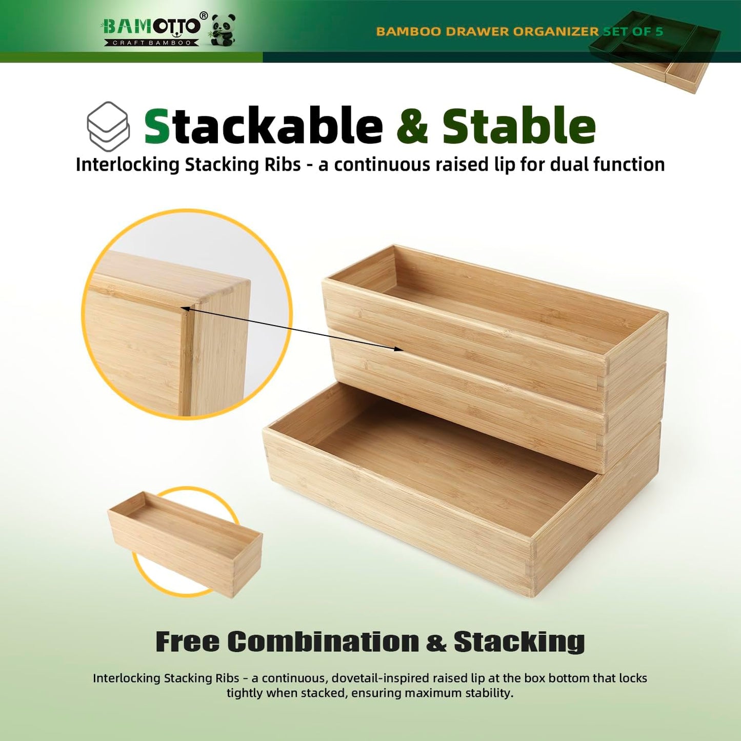 Stack Bamboo Drawer Organizer Set of 5, Kitchen Utensil