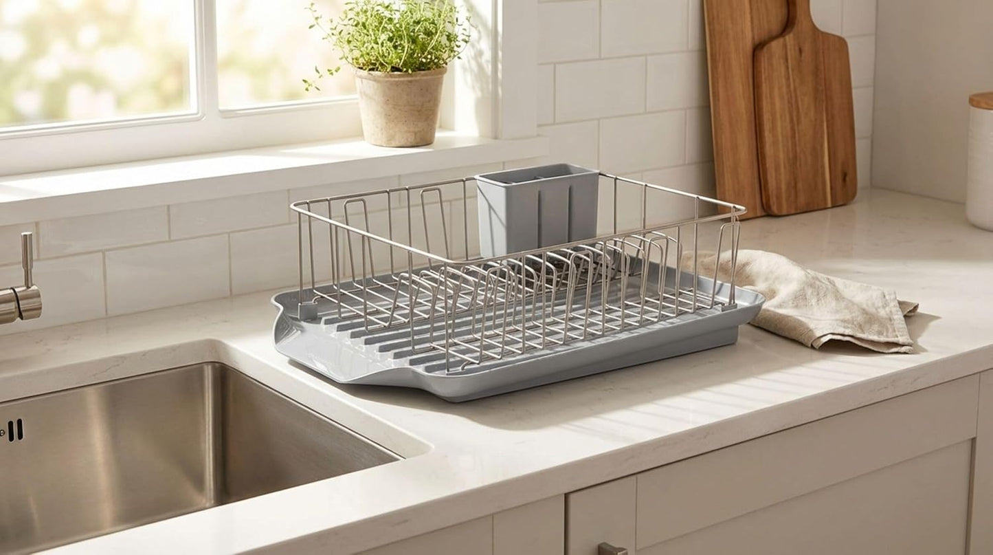 Classic 3-Piece Dish Drying Rack Set for Kitchen Counter, Gray - Rust-Resistant Wires