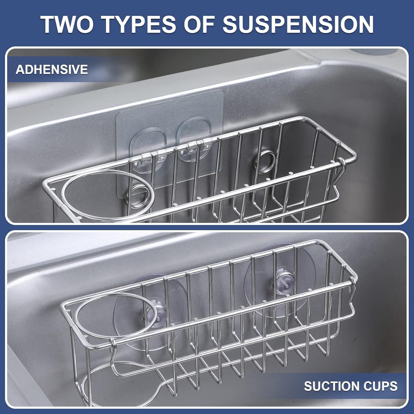 3-In-1 Sponge Holder for Kitchen Sink with Suction Cups & Adhesive Hook , In-sink Sponge Holder