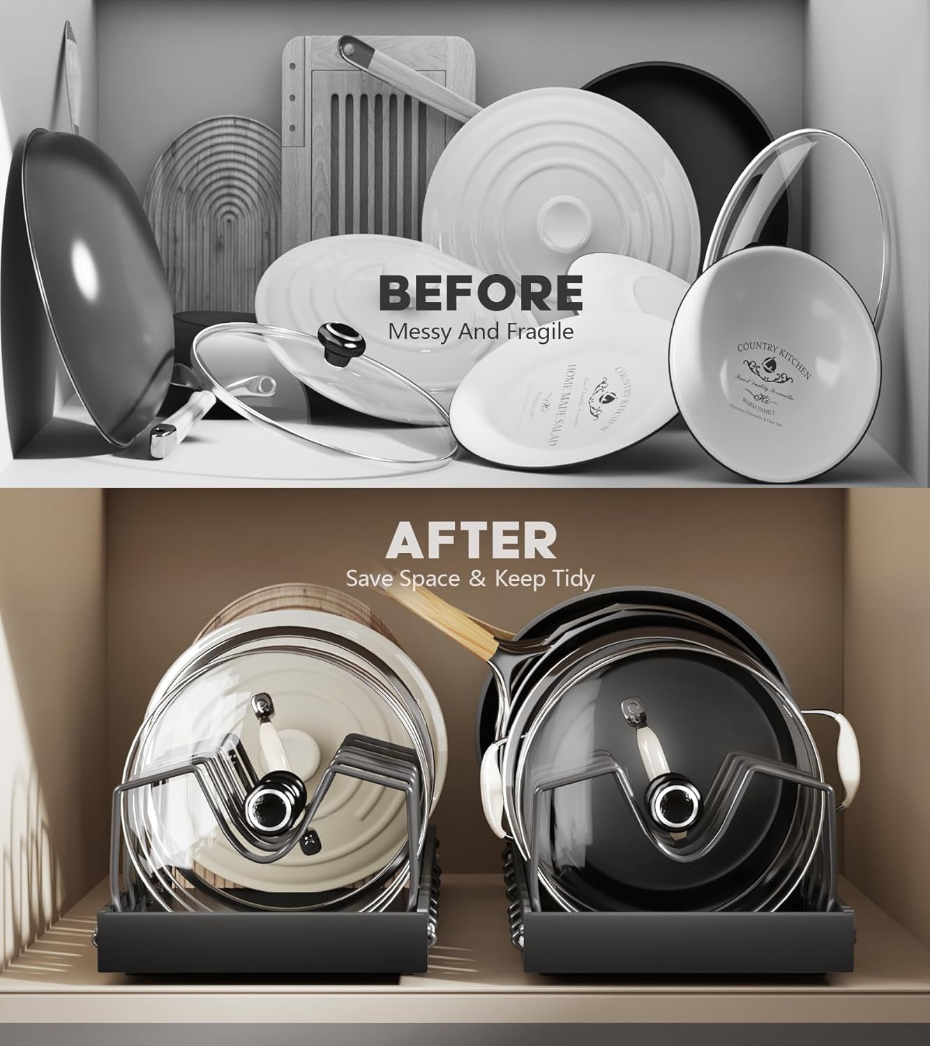 Pull Out Pots and Pans Organizer Under Cabinet, Sliding Lid Holder and Pan Rack in Kitchen
