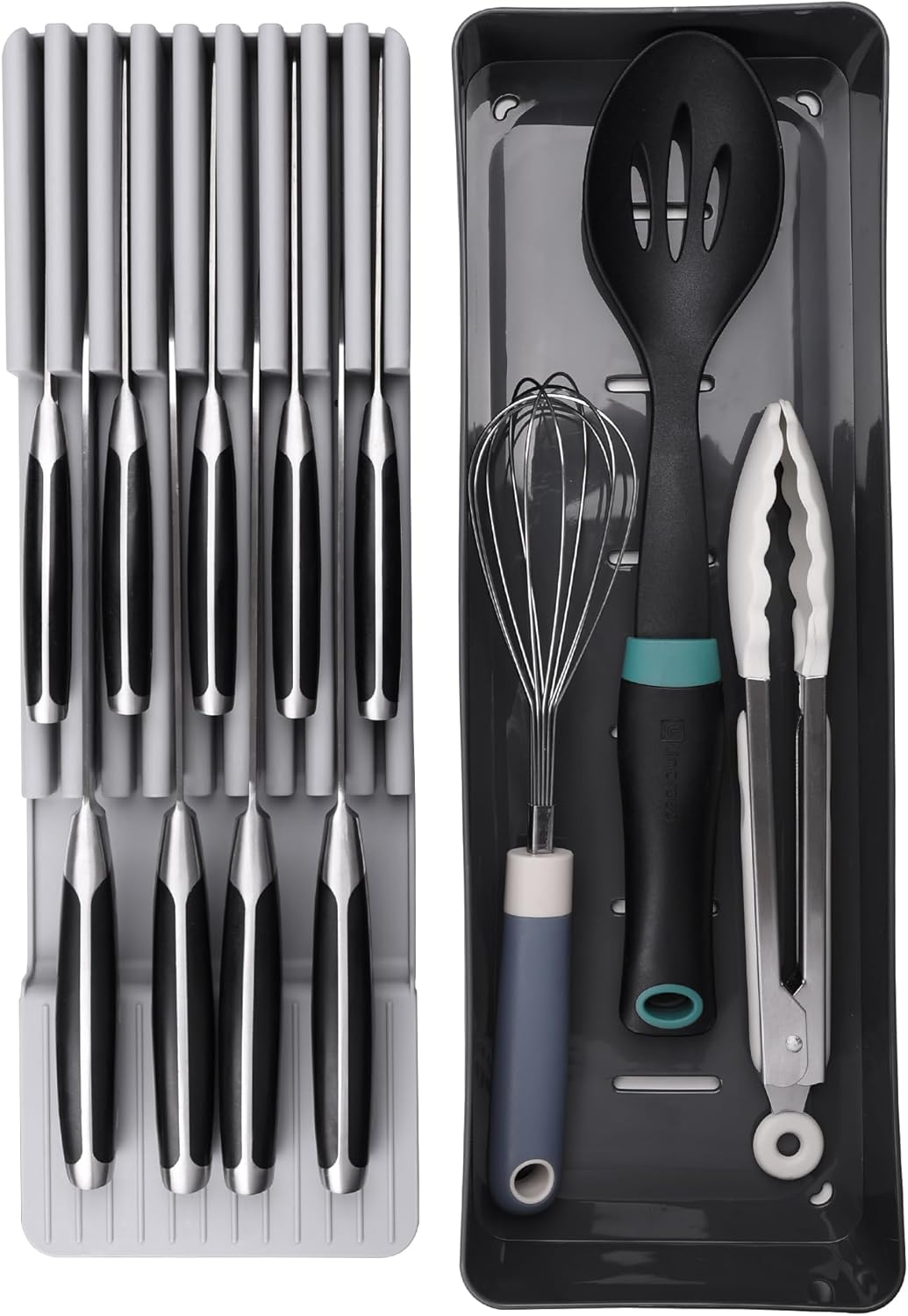 Knife Drawer Organizer With In-Drawer Knife Block for 9 Knives, Kitchen Utensil Organizer