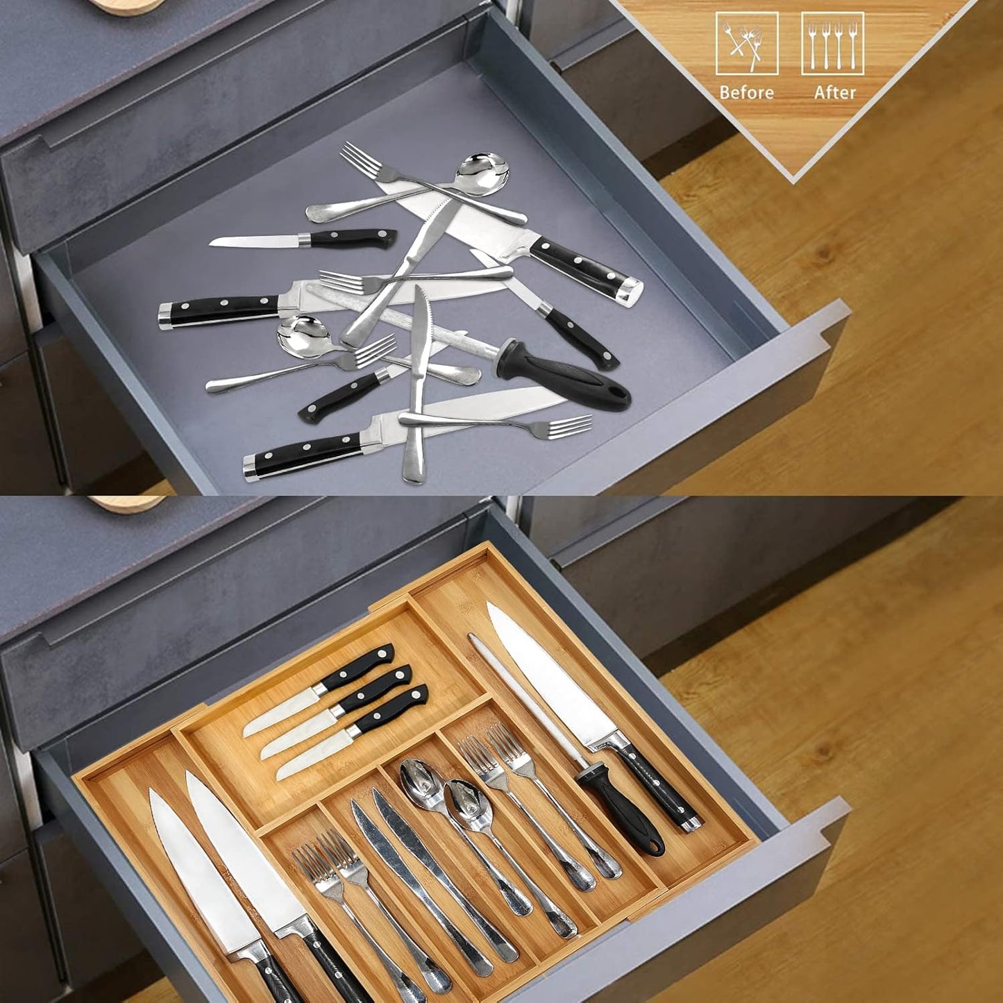 Premium Bamboo Drawer Organizer, Expandable Silverware Drawer Organizer