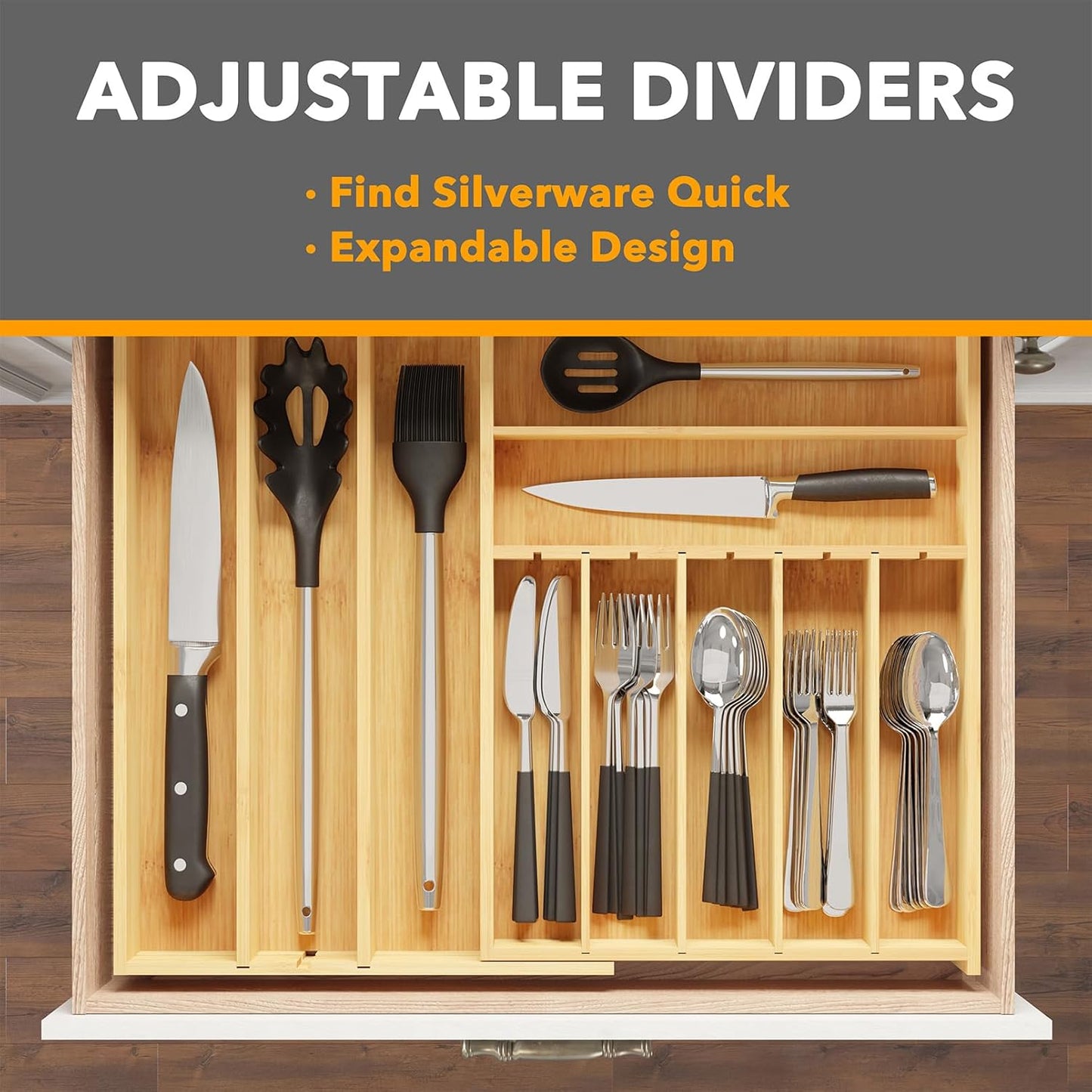2.5" High Bamboo Silverware Drawer Organizer with Labels