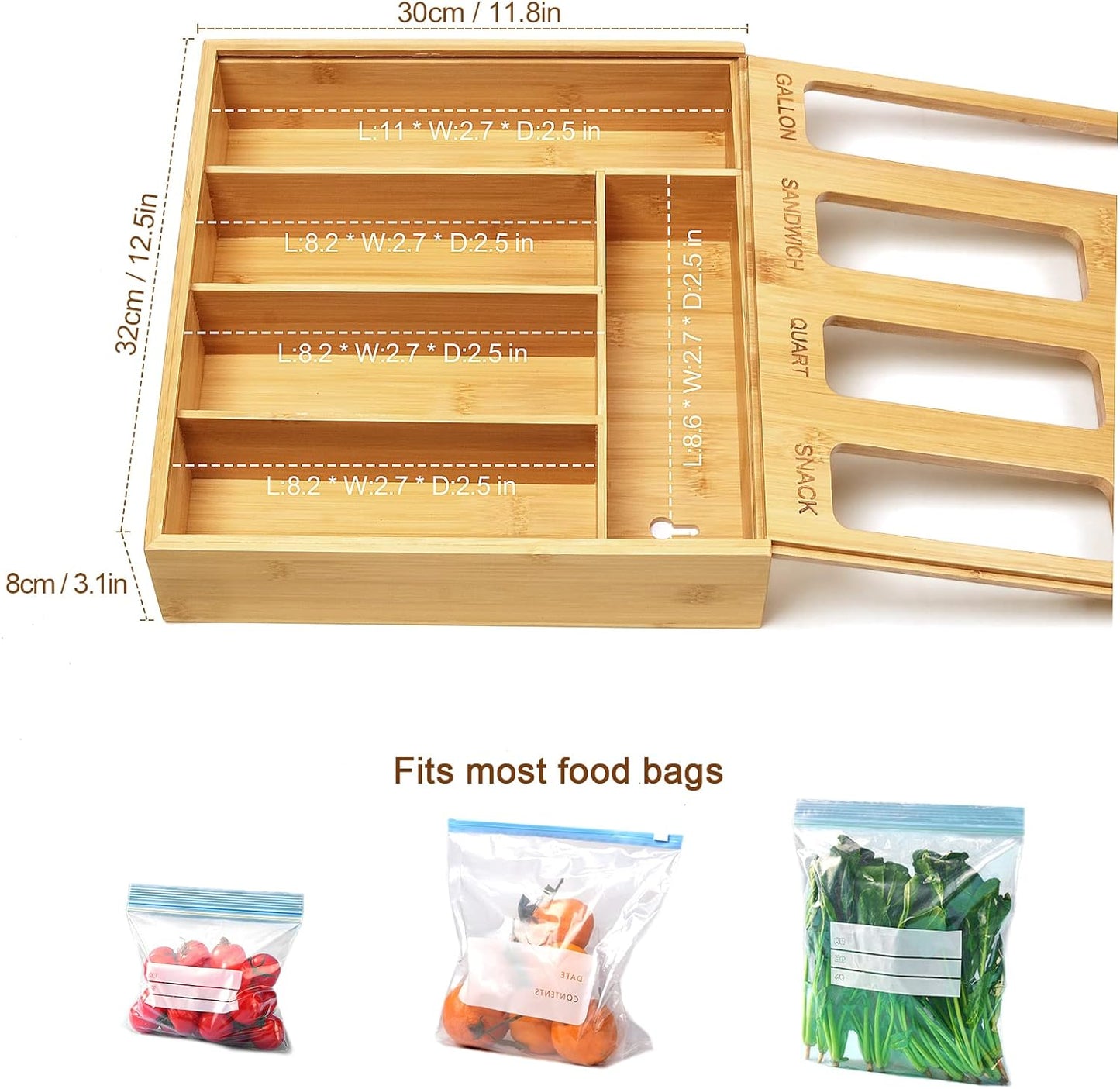 Plastic Bag Organizer for Drawer, Bamboo Food Storage Bags Container Organizer with Slider