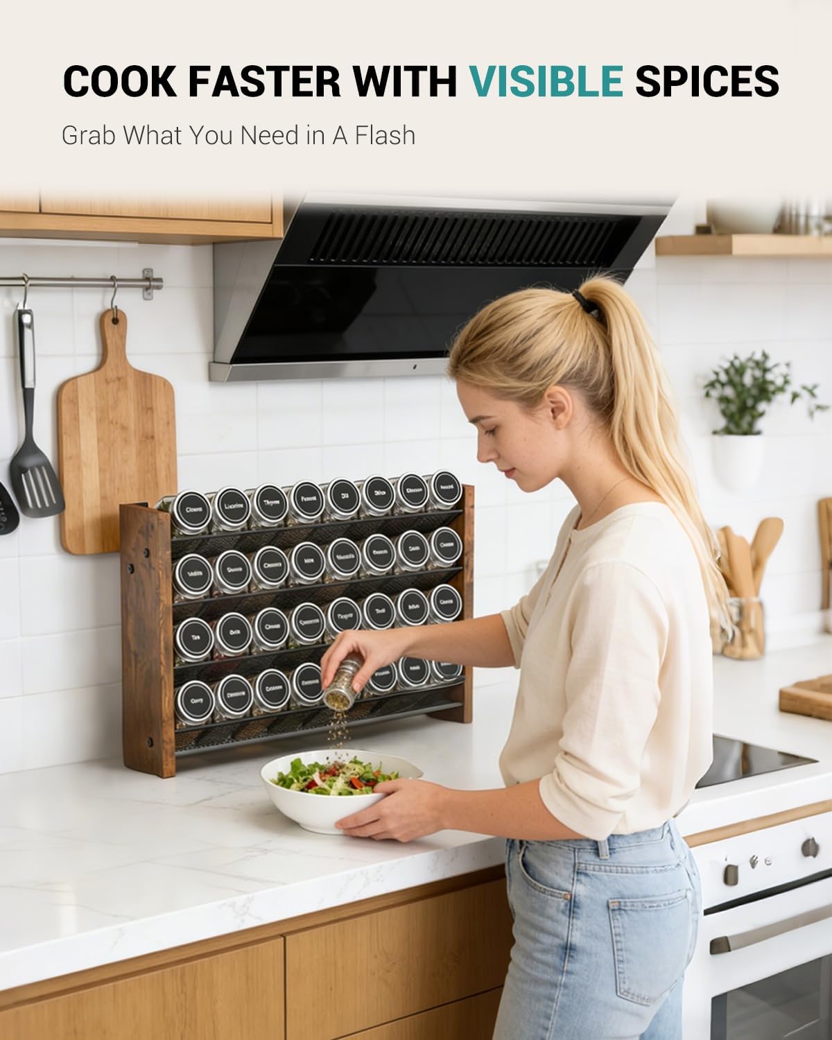 Spice Rack Organizer for Cabinet, Wooden 4 Tier Vertical Seasoning Organizers for Kitchen Pantry