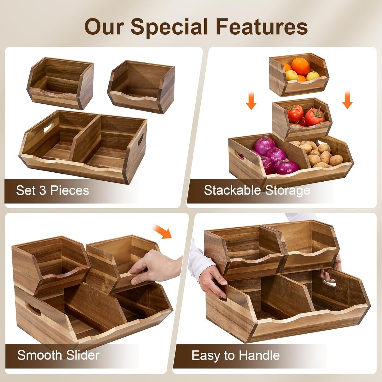 Acacia Wood Pantry Storage Bins, Stackable Storage Baskets Potato and Onion Storage Bins