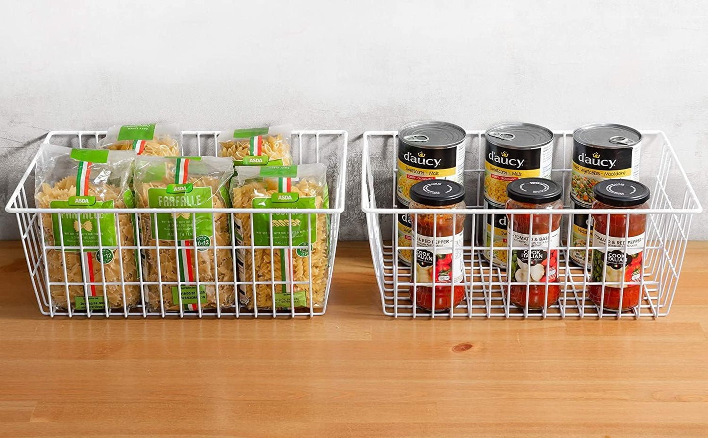 Wire Storage Baskets, Large Farmhouse Metal Freezer Basket Storage Organizer Bins with Handles for Kitchen Cabinets, Pantry, Closets, Bedrooms, Bathrooms, Set of 6, White