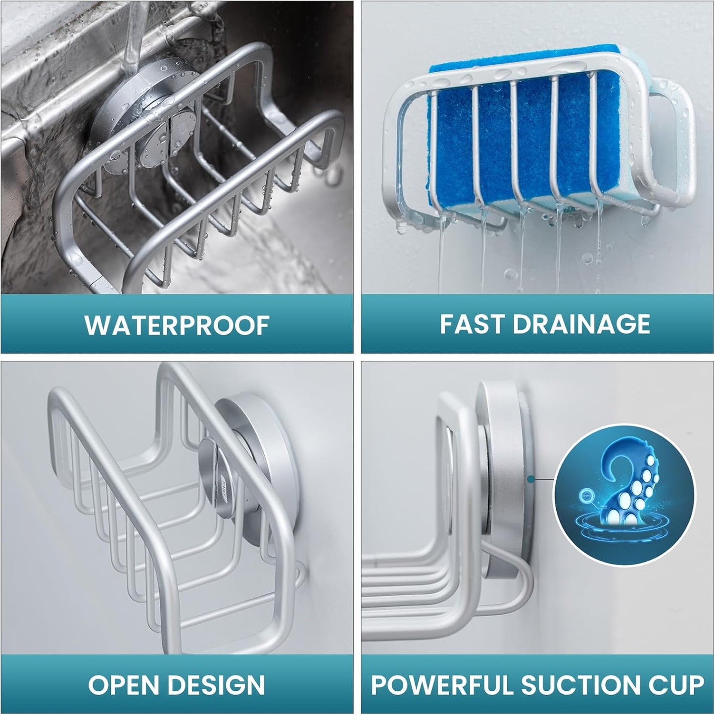 Sponge Holder for Kitchen Sink with Strong Suction Cup, Rustproof Aluminum Sink Caddy for Sponges