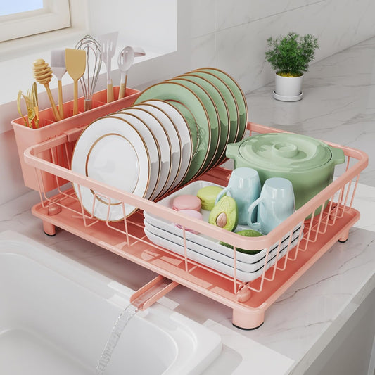 Pink Dish Drying Rack - Space-Saving Dish Rack,Dish Racks for Kitchen Counter with Drainboard