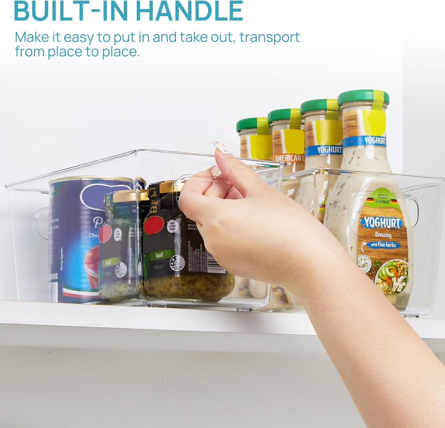 Clear Plastic Storage Bins, 6 PCS Pantry Organizer Bins with Handle for Refrigerator, Fridge