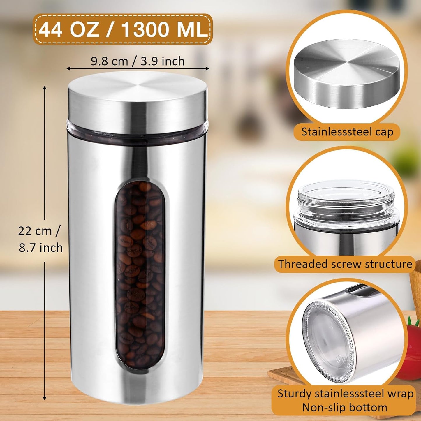 3 Pcs Stainless Steel Canister Set with Glass Windows Visible Storage Jars Silver Kitchen Canister Set for Pasta Flour Oat Sugar Container, Kitchen Tools, Housewarming Gifts(44 oz)