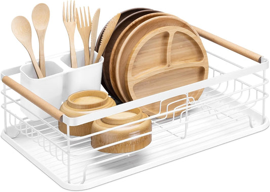 Dish Drainer Rack - Plate, Silverware, Pots and Pans - Dish Rack with Beechwood Handles