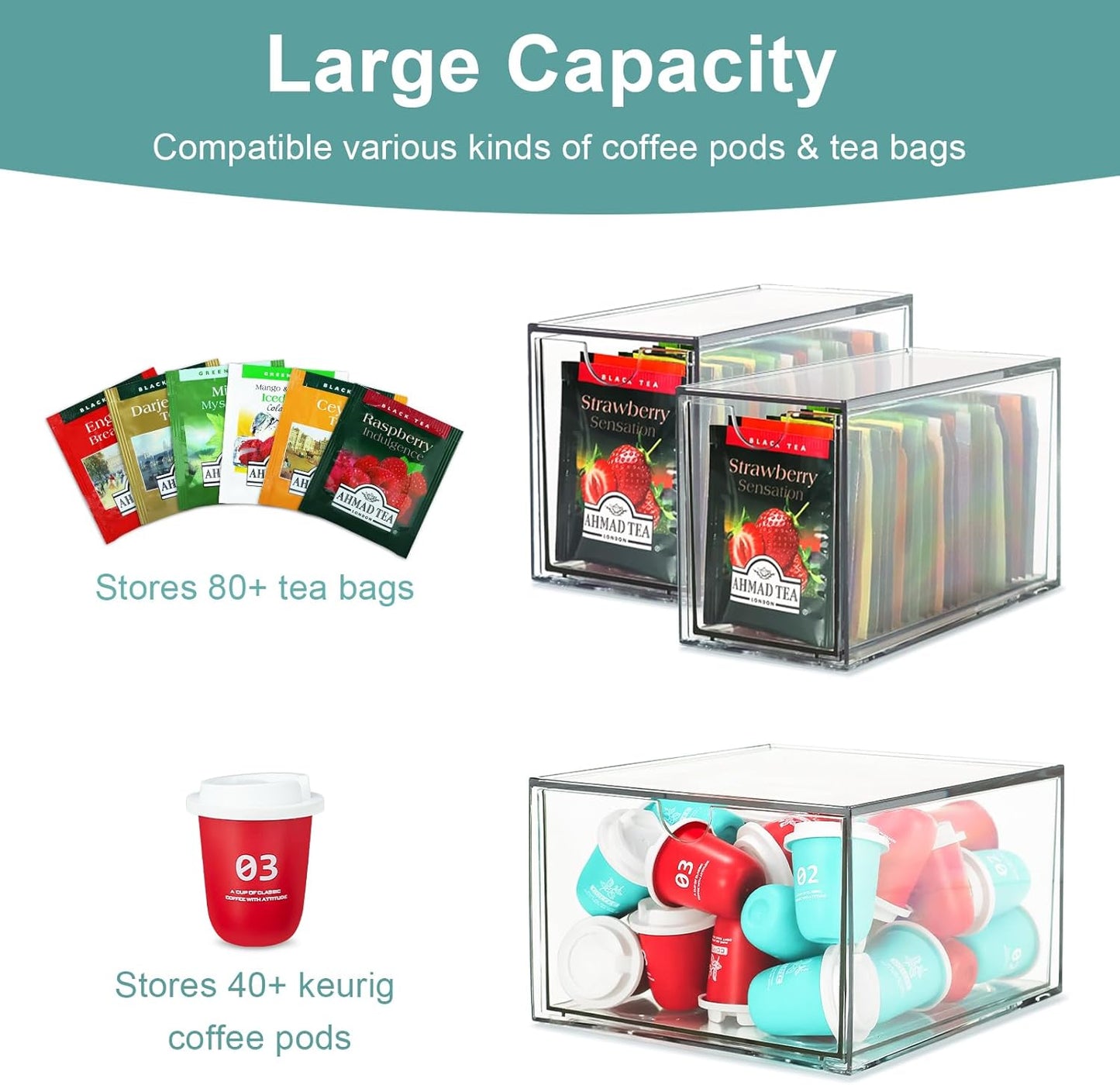 3 Tea and Coffee Organizer and Storage, Acrylic Tea Bag Holder Organizer