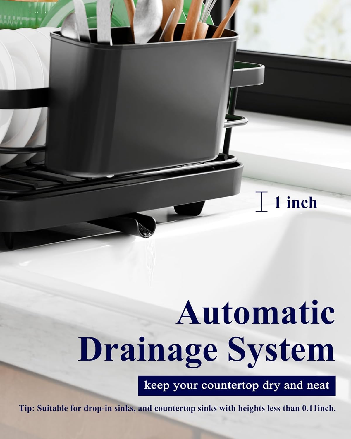 Dish Drying Rack - Compact Dish Rack with Utensil Holder & Adjustable Water Outlet