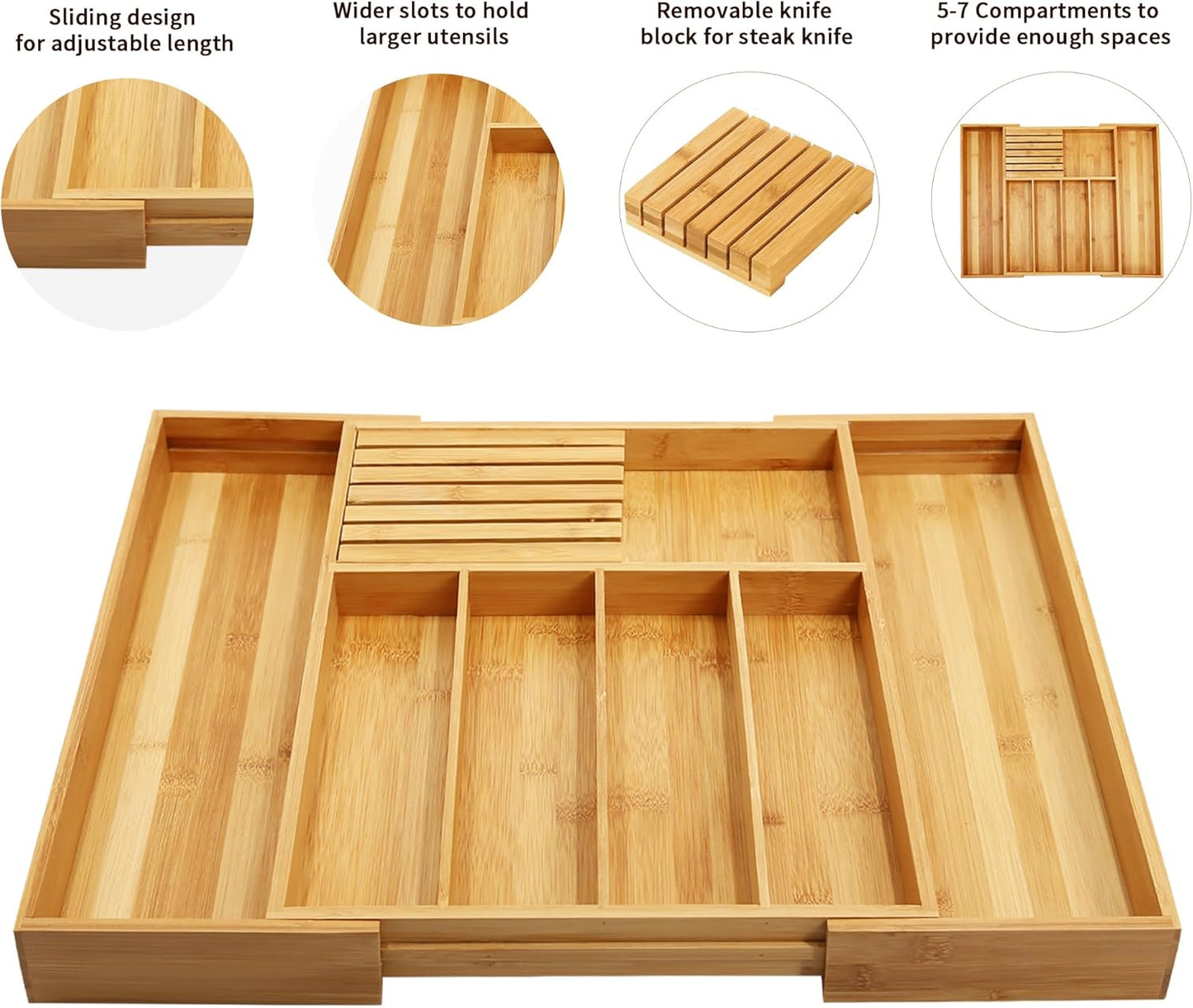 Bamboo Silverware Drawer Organizer Kitchen, Expandable Utensil Organizer with Knife Block