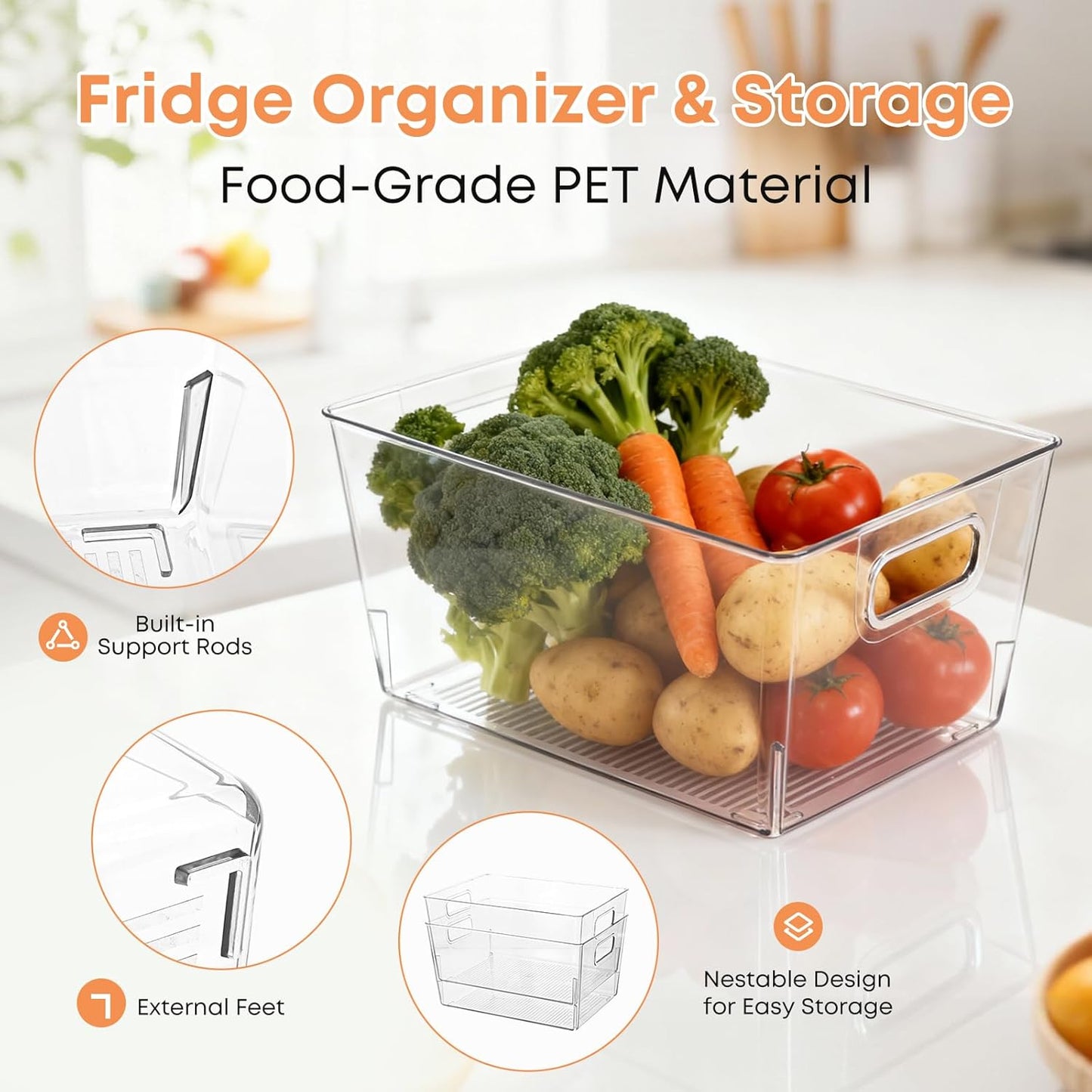 8 Pack Clear Plastic Storage Bins, 12 x 8 x 6in Stackable Pantry Organizer Cabinet Containers for Under-Sink Storage, Kitchen, Fridge, Bathroom and Home Organization