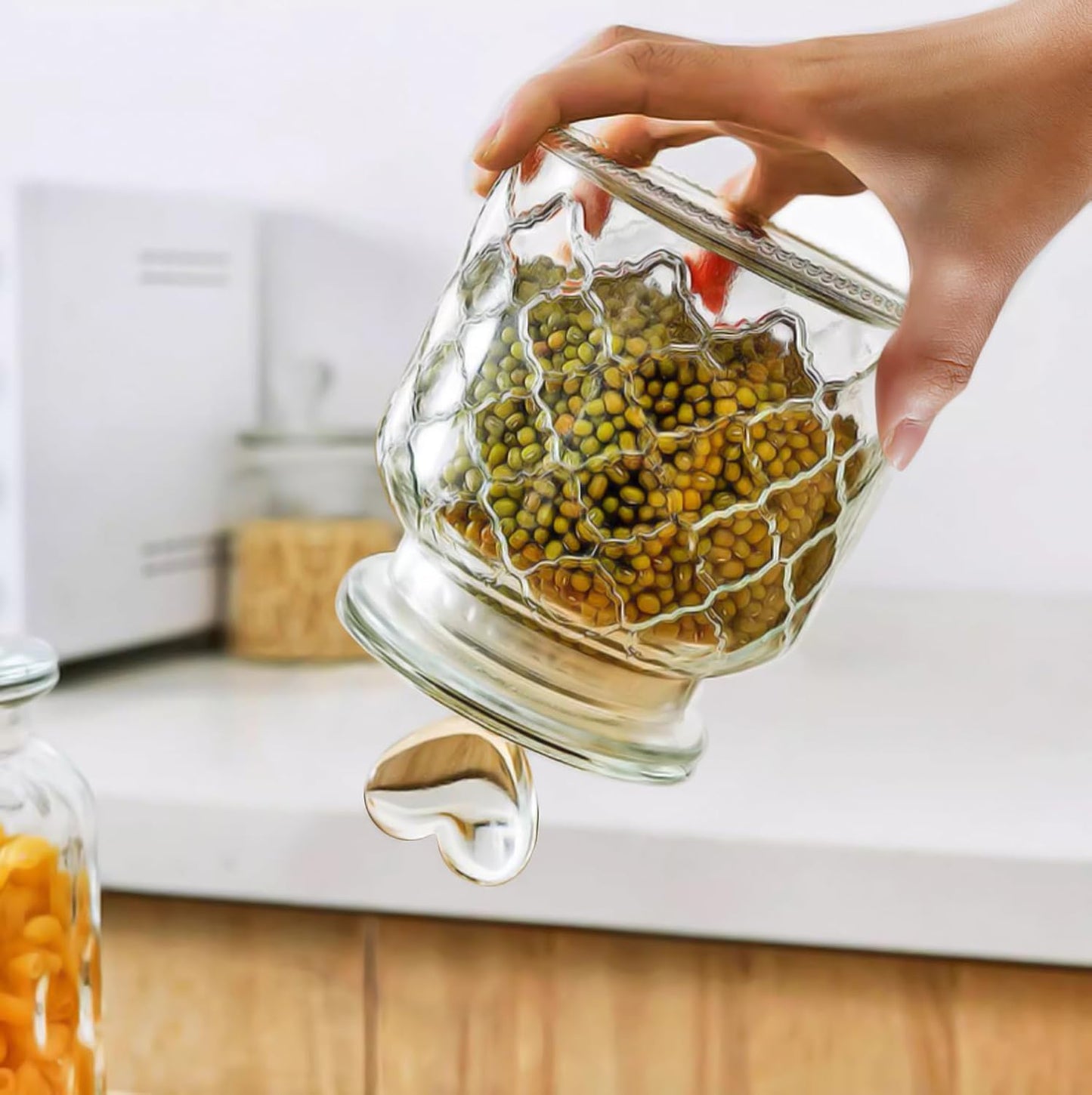 22 oz Clear Glass Canister with Cute Heart shaped Lids Set