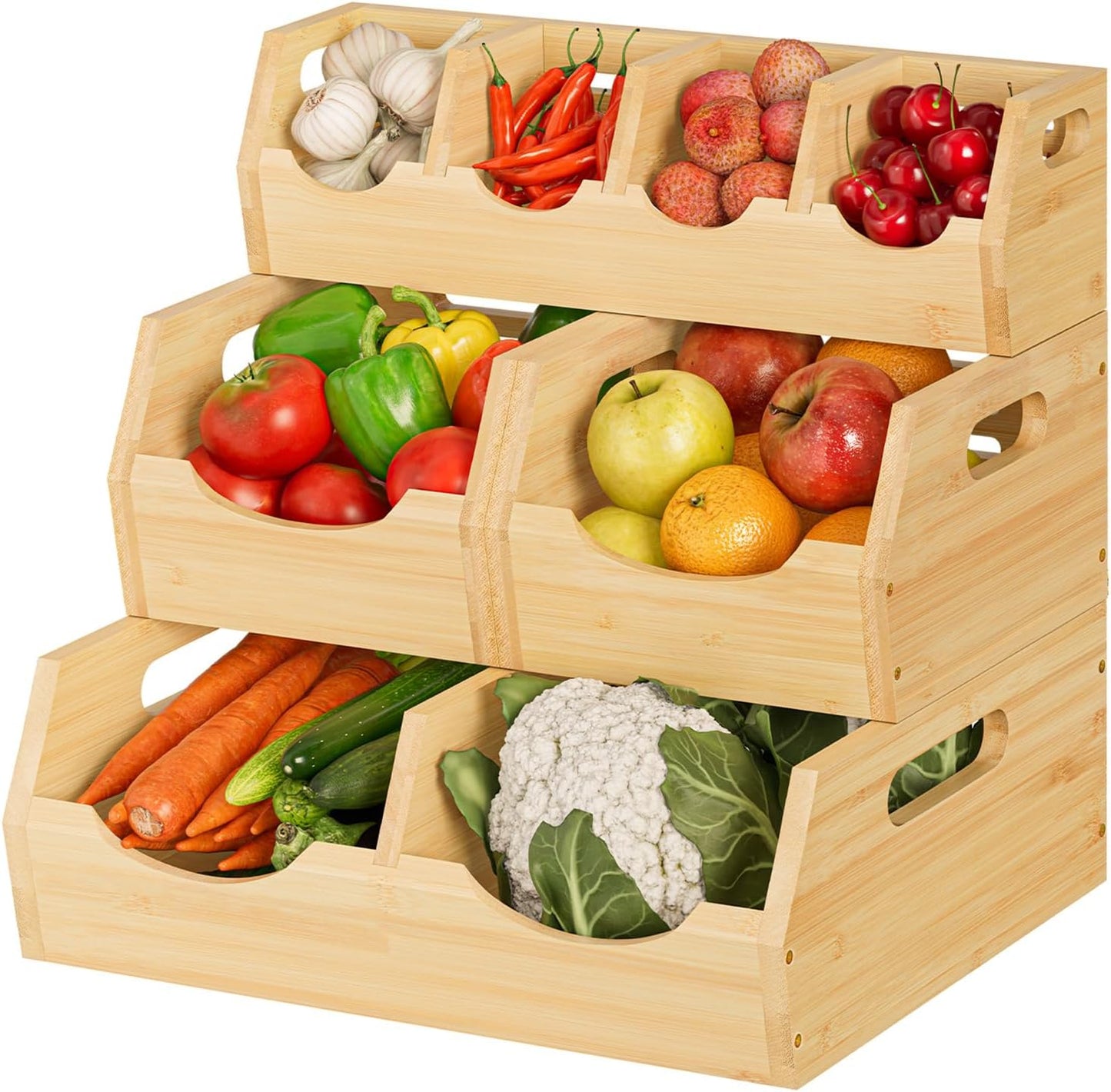 Upgraded 3 Tier Bamboo Pantry Storage Bins - Stackable Potato and Onion Storage Bin